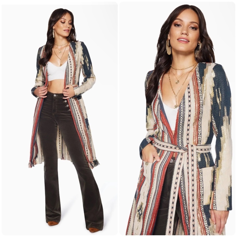New! Ramy Brook Cody Belted Fringe Jacquard Western Boho Cardigan/ Jacket S